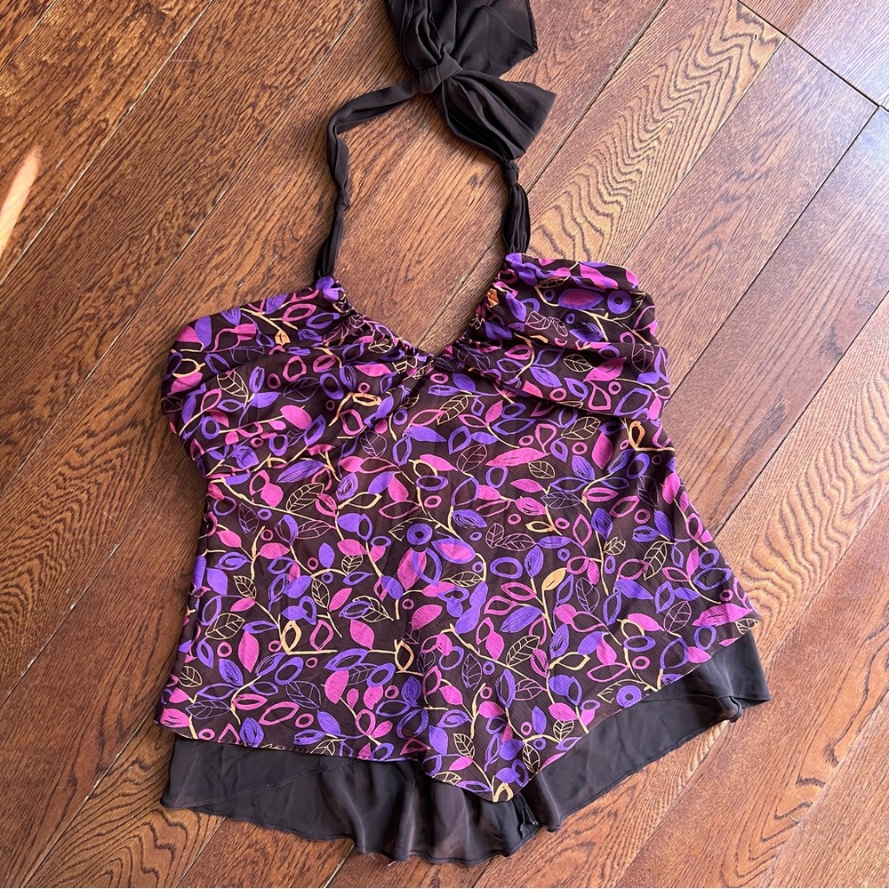 Vtg Y2K Babydoll Halter Top Women’s Sz 1X Purple Floral Earth Fairy Whimsigoth